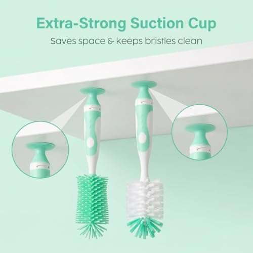 Ariseno 4-in-1 Baby Bottle Brush Set, Bottle Brush Cleaner, Bottle Cleaner Brush Set, Including Nylon Bottle Brush, Bottle Cap Brush, Straw Brush, Nipple Brush, BPA-Free (Green) - color: Green-nylon