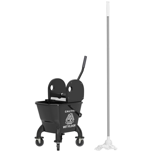 27.5qt Durable Mop Bucket Featuring Down Press Wringer on 360-Degree Swivel Bearings and Enhanced Adjustable Handle Black