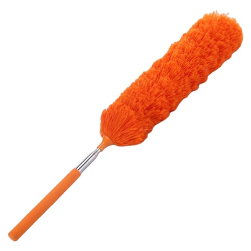 Extendable Feathers Duster Bendable Microfiber Long Handled Duster, Flexible Hand Cobweb Cleaner with Telescoping Pole for Cleaning High Ceiling Fans, Cars, Blinds, Cobweb, Furniture - color: Orange
