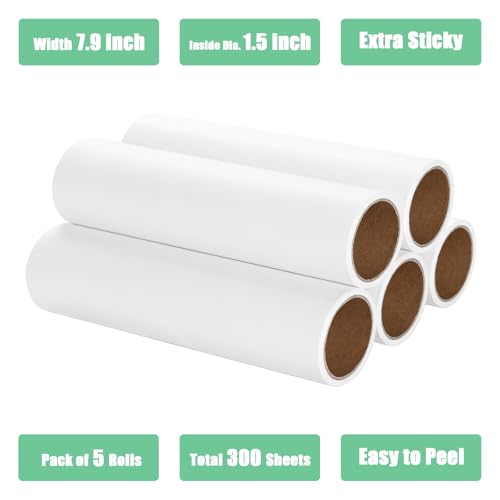7.9 inch Lint Roller Refills Only, Extra Sticky Tape Roller Refills for Large Floor Lint Roller 7.9'' Width Sticky Roller Replacment Refill Pack of 5 Rolls, Total 300 Sheets (7.9'' Wide) - size: 7.9'' Wide (Pack of 5, Total 300 Sheets)