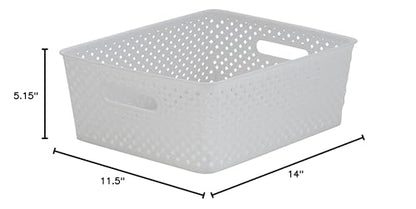 Simplify Medium Resin Wicker Storage Bin | Dimensions: 14"x11.5"x5.15" | Durable | 2 Open Handles | Wicker Design | Light Weight | Home Organization | White