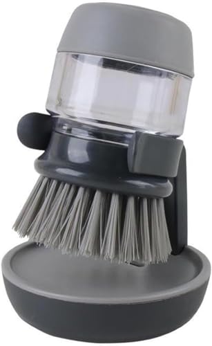 Soap Dispensing Dish Brush with Holder and Drip Tray, Kitchen Scrub Brush for Pans and Sinks, Refillable Dish Detergent Dispenser for Easy Cleaning (Gray) - color: Gray