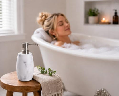 Clasin Home Resin Hand Soap Dispenser, Refillable Soap Dispenser with White Marble Look and Metallic Pump, Waterproof Bottle Labels for Bathroom Kitchen Dish Hand Wash Shower Lotion Shampoo (12 Oz) - color: White