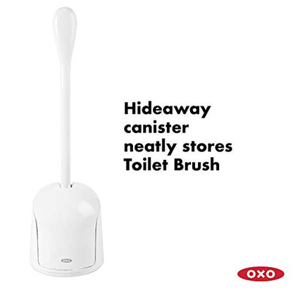 OXO Good Grips Compact Toilet Brush & Canister, Toilet Bowl Brush and Holder with Automatic Canister Door, Bathroom and Small Spaces Cleaning Supplies Essential (Pack of 6) - color: White, size: 1 Count (Pack of 6)