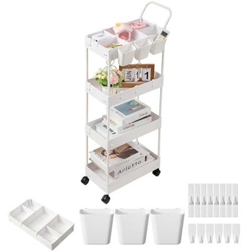 danpinera Storage Cart, 4 Tier Narrow Rolling Storage with Wheels & Dividers, Bathroom Organizer Slim Laundry Cart with Handle Hanging Cups Hooks, White - style: 4 Tier White