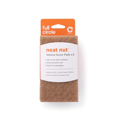 Full Circle Neat Nut, Walnut Scour Pads – Pack of 8 – Powerful, Non-Scratch Dish Scrubber Made with Plant-Based & Recycled Materials, Safe for Nonstick - size: Walnut Scour 8pk