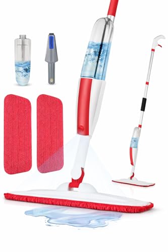 Spray Mop for Floor Cleaning with Refillable Bottle (14 oz), 3 Washable Microfiber Pads & Scraper – Lightweight 360° Rotating Mop, No Batteries, Streak-Free Cleaning for Hardwood, Tile & Laminate