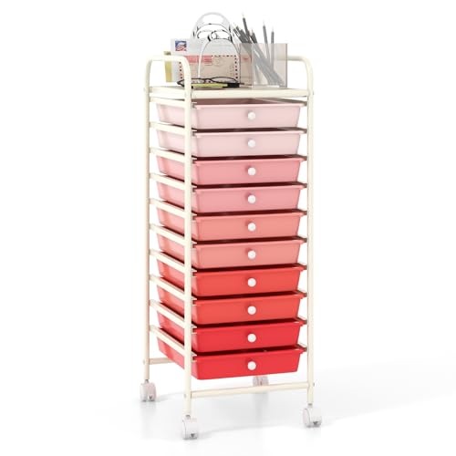 COSTWAY 10-Drawer Rolling Storage Cart, Utility Mobile Trolley with Removable Drawers & Universal Casters & 2 Brakes, Versatile Flexible Drawer Organizer Cart for Home, Office, Mixed Pink - color: Mixed Pink, size: 13"L x 15"W x 34"H (10 Drawer)