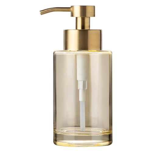 Enra Thick Glass Soap Dispenser with Stainless Steel Pump,12oz Gold Bathroom Hand Liquid Soap Dispensers,Lotion Dispenser,Soap Dispenser for Bathroom,Kitchen - color: Slight Amber/Liquid Type