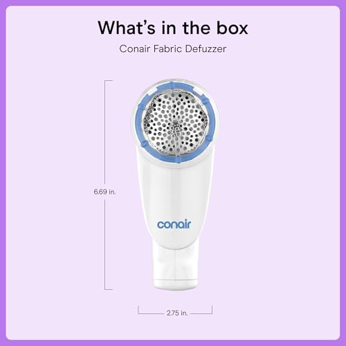 Conair Fabric Shaver and Lint Remover, Battery-Operated Portable Clothes Shaver with 3 Settings, Fuzz Remover for Sweaters, Clothing and Furniture, Large 2-Inch Shaving Head, White | Safely Removes Fuzz and Pilling with 3 Depth Settings for Sweaters and U