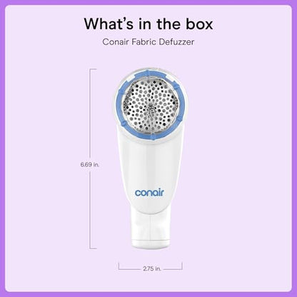 Conair Fabric Shaver and Lint Remover, Battery-Operated Portable Clothes Shaver with 3 Settings, Fuzz Remover for Sweaters, Clothing and Furniture, Large 2-Inch Shaving Head, White | Safely Removes Fuzz and Pilling with 3 Depth Settings for Sweaters and U