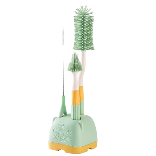 3 in 1 Baby Silicone Bottle Brush Set, Multipurpose Bottle Cleaner, Bottle Brush with Storage Holder, Food Grade Silicone, Effortless Scrubbing, Baby Bottle Cleaning Brush (Green) - color: Green