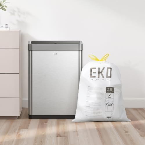 EKO 12.5 Gallon / 40-60 Liter, 110 Count Drawstring Trash Bags, Extra-Strong Garbage Bags, Unscented, Leak-Resistant, Easy-Dispense Roll for Kitchen & Household Use, Code Z, White - size: 110 Count (Pack of 1), style: 12.5 Gallon Bags/Code Z