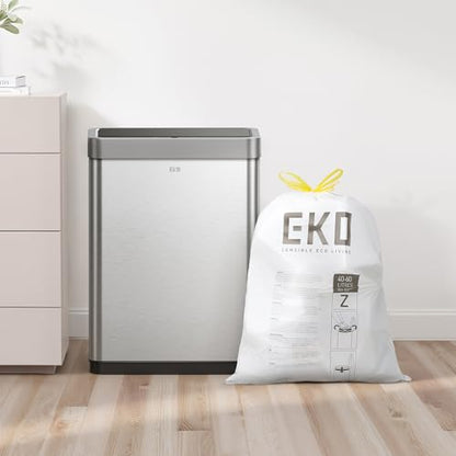 EKO 12.5 Gallon / 40-60 Liter, 110 Count Drawstring Trash Bags, Extra-Strong Garbage Bags, Unscented, Leak-Resistant, Easy-Dispense Roll for Kitchen & Household Use, Code Z, White - size: 110 Count (Pack of 1), style: 12.5 Gallon Bags/Code Z