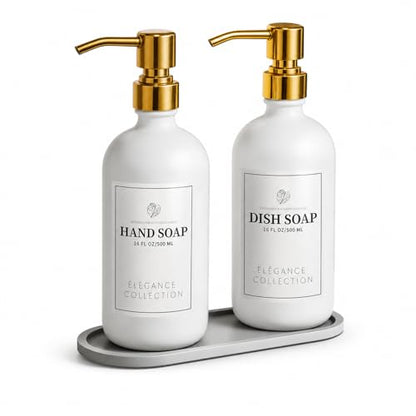 Fachixy White Glass Soap Dispenser (2 Pack), 16 Fl Oz Hand & Dish Soap Dispenser Bottles Set with Leak-Resistant Stainless Steel Pump, Non-Slip Pad, 14 Waterproof Labels for Kitchen and Bathroom - color: White