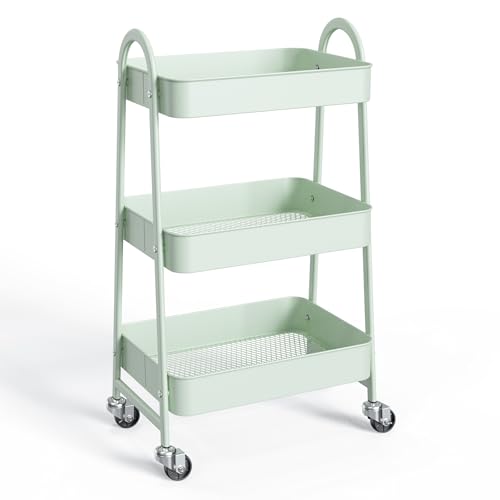 NEWBULIG 3-Tier Metal Rolling Cart with Lockable Wheels, Heavy Duty Mobile Utility Storage Shelf, Roller Book Snack Cart, Organization for Livingroom, Bathroom, Office, Green - color: Green, size: 3 Tier