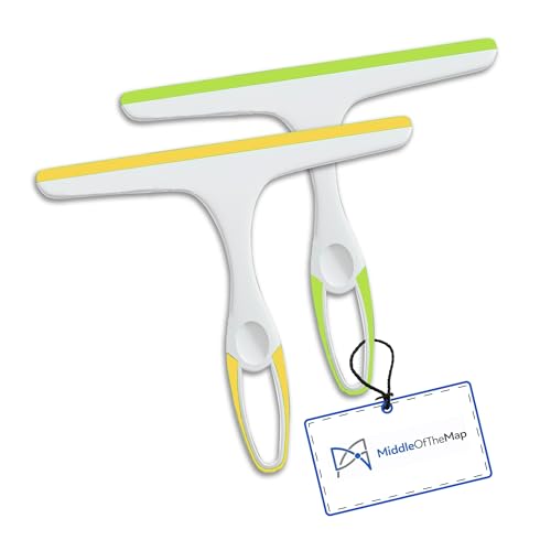 Middleofthemap Shower Squeegee - Flexible Silicone Blade, Lightweight Plastic Handle, Easy Hanging Hook, Attractive Colors, Perfect for Glass Doors, Windows, Tiles, and Mirrors 9.5" (2)