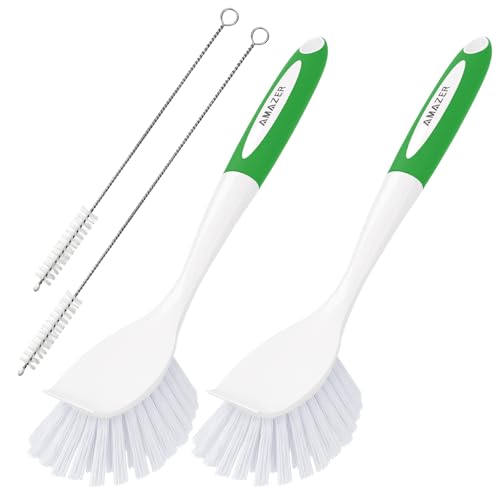 Amazer 4 Pack Dish Brush with Handle, 2 Kitchen Scrub Brushes for Cleaning, 2 Straw Cleaner Brushes for Water Bottle, Dish Scrubber with Stiff Bristles for Sink - color: Green+green, size: 4 Pack