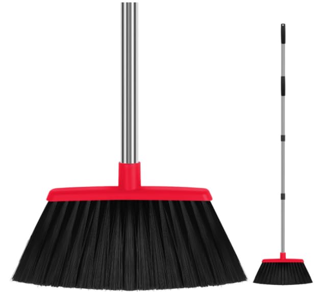 Heavy Duty Angle Broom, 55-Inch Long Handle Extra Wide 12.6 Inch Head, Stainless Steel Tube & PP Bristles for Pet Hair and Dust, Floor Safe - Red - color: Red