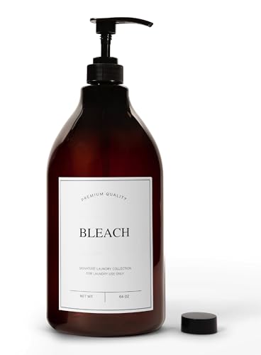 Calindiana Modern Farmhouse Bleach Liquid Laundry Detergent Dispenser for Laundry Room Decor and Organization, PET Plastic Landry Soap Containers with Water Resistant Label, Amber 64oz - color: Amber Bottle/White Label, style: BLEACH
