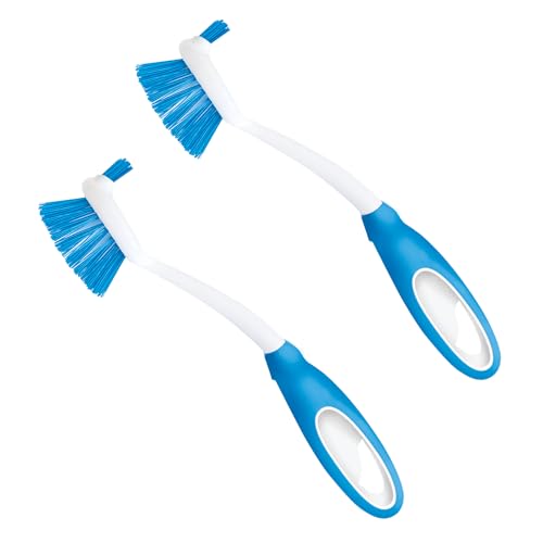 Dish Brush Scrubber for Kitchen, 2 Pack, by LOLA, Has Stiff Bristles & Food Scraper, Comfort No-Slip Grip Handle, Safe for Non-Stick & Coated Cookware - color: Blue, size: 2 Pack