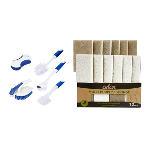 CELOX 5 Pack Kitchen Scrub Brush Set with Ergonomic Handle and 12 Pack Dual-Sided Natural Cellulose Sponge for Dishwashing