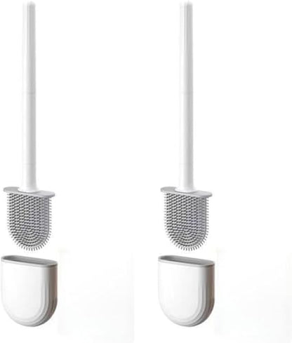 RV Silicone Toilet Brush with Holder, Drill-Free Wall Mounted Toilet Bowl Cleaner, Anti-Drip Anti-Roll Compact Brush for RV Camper & Small Bathroom - color: White 2pc
