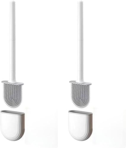RV Silicone Toilet Brush with Holder, Drill-Free Wall Mounted Toilet Bowl Cleaner, Anti-Drip Anti-Roll Compact Brush for RV Camper & Small Bathroom - color: White 2pc