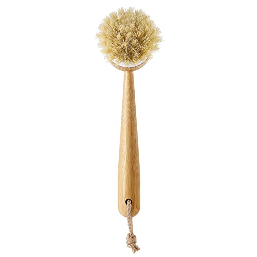 SUBEKYU Dish Brush with Handle, Natural Bamboo Dish Scrubber Brush, Kitchen Dishwashing Brush for Cleaning Dishes/Pans/Pots/Sinks, Sisal Bristles, 2P - color: Round 2p