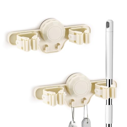 2 Pack Broom Holder Mop Hanger Wall Mount - Strong Suction Cup Mop and Broom Organizer with Hooks, Space Saving Removable Rack for Laundry Room Garden Garage (Beige) - color: Beige