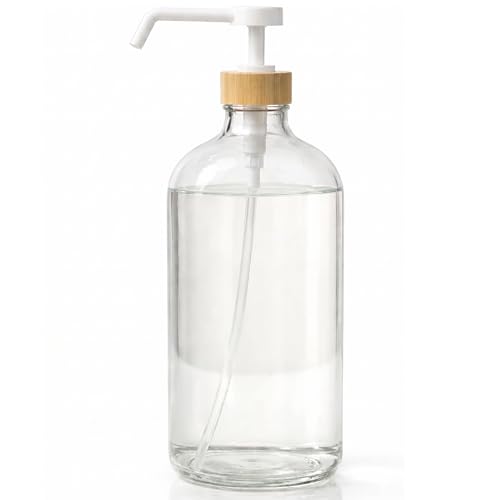 SAVVY & SORTED Glass Dish Soap Dispenser for Kitchen Sink 1 Liter, Hand Soap Dispenser for Bathroom, Refillable Clear Glass Bottles with White Bamboo Pump for Liquid Hand Wash, 34 Fl Oz - color: Clear Bottle - 1 Ltr