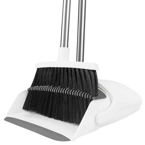 BSKLIN Broom and Dustpan Set for Home, 52" Long Handle Standing Broom Set with Dustpan Self-Cleaning Teeth for Hair Removal Heavy Duty Indoor Outdoor Sweeping Kit for Kitchen Garage (White) - color: White