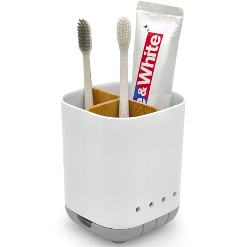 Toothbrush Holder with Bamboo Divider,Detachable for Easy Cleaning Bathroom Countertop Organizer,Plastic 3 Slots Electric Toothbrush and Toothpaste Holders Storage Caddy for Bathroom Vanity,Sink(Grey) - color: Grey