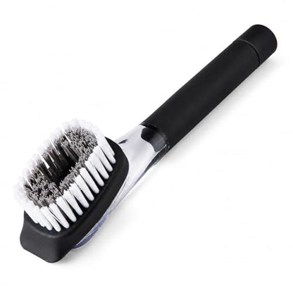 Soap Dispensing Dish Brush with Built-in Scraper, Black, for Dishes, Pots, Pans, Plates, Cookware, and Countertops