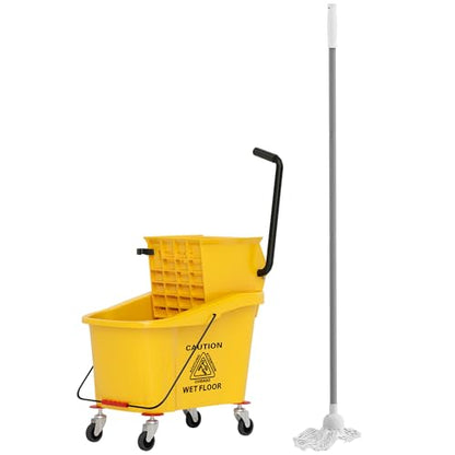 38 Quart Mop Bucket with Down Press Wringer on Wheels, Rolling Floor Cleaning Bucket with Handle, Commercial Cleaning System (Yellow) (Yellow) - color: Yellow