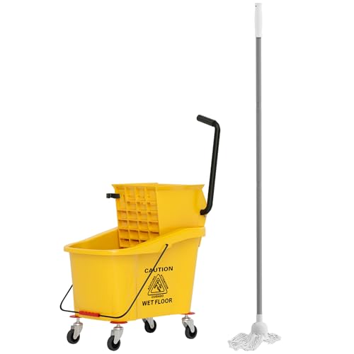 38 Quart Mop Bucket with Down Press Wringer on Wheels, Rolling Floor Cleaning Bucket with Handle, Commercial Cleaning System (Yellow) (Yellow) - color: Yellow