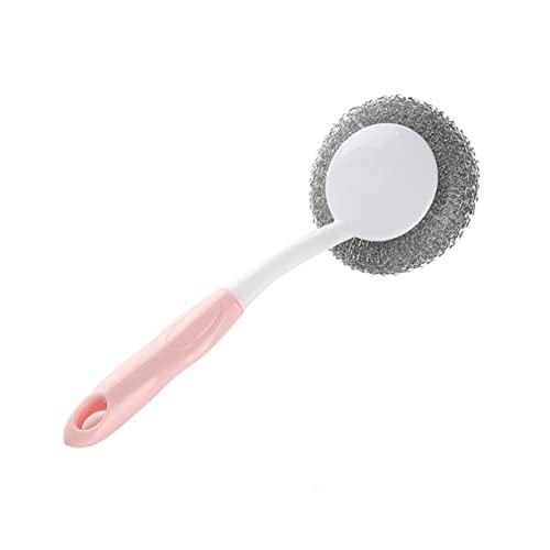 PartyKindom Pink Kitchen Cleaning Scrubber Dish Washing Brush Long Handle Steel Ball Brush for Easy Dish Cleaning - color: Pink