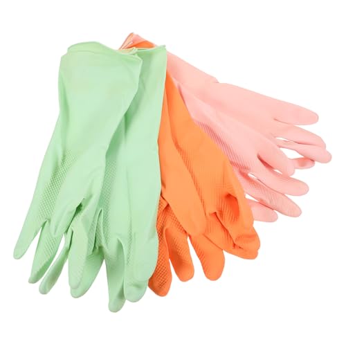 3 Pairs Medium Reusable Latex Dishwashing Gloves Non-slip Kitchen Cleaning Gloves for Women Pink, Teal, and Orange Colors, Household Washing and Cleaning Use