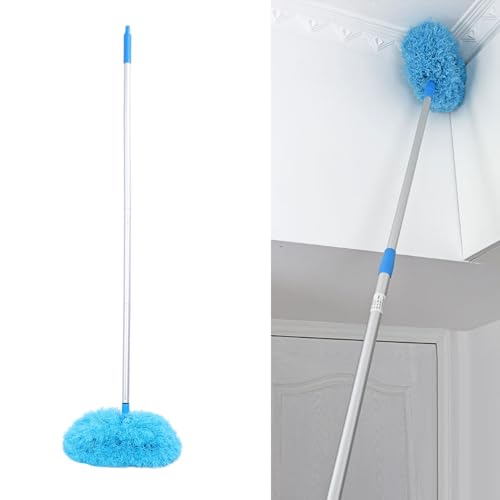 Ceiling Fan Duster with Extension Pole, 360 Degree Rotation Extra Long Round Duster Washable Cobweb Brush for Outdoor Indoor (Blue) - color: Blue