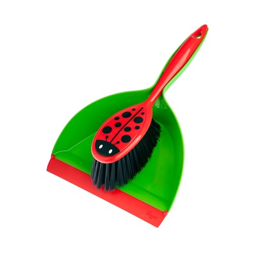 Vigar Flower Power Dust Pan and Brush Set - Mini Broom and Dustpan, Handheld Broom and Dustpan Set with Whisk Broom, Small Dustpan & Brush Set, Compact Indoor Sweeper for Countertop - Green Red Black - color: Ladybug