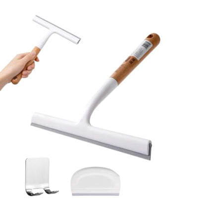 Silicone Shower Squeegee, Wooden Handle Glass Squeegee, Multi-Purpose Window Squeegee for Cleaning Glass Door, Tile Wall, Kitchen Countertop with Stainless Steel Hook & Plastic Squeegee Board
