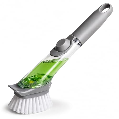 Soap Dispensing Dish Brush, Kitchen Scrub Brush with Built-in Soap Dispenser for Pots, Pans, Sink, Dishes & Everyday Cleaning