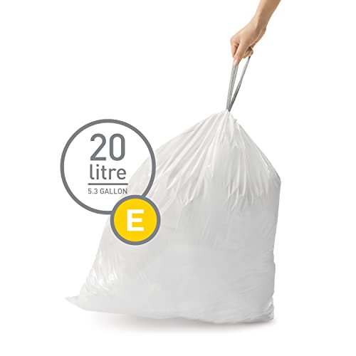 simplehuman Code E 60 Count Custom Fit Liners, Drawstring Kitchen Trash Bags, One-by-One Mess-Free Dispense, Extra Thick & Double Seamed, 50% PCR Plastic, 20 Liter / 5.3 Gallon, White - size: 60 Count (Pack of 1)