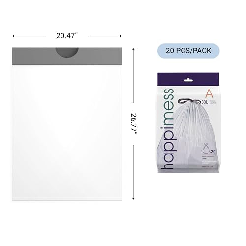 happimess 8 Gallon (30L) Drawstring Trash Bags, Unscented, Clear, Heavy Duty LDPE Liners for Kitchen and Household, Custom Fit, 80 Count (4 Packs of 20 Liners) HPM3000A-C-4SET - color: Clear, size: 80 Count (Pack of 1)