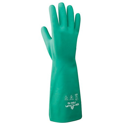 SHOWA 730 Chemical Resistant Gloves, 15-mil Nitrile with Cotton Flock Liner, 13-inch Extended Gauntlet, Bisque Grip, CE Cat III & Food Safe, Green, Medium, 12-Pack - size: Medium, style: 12-pack