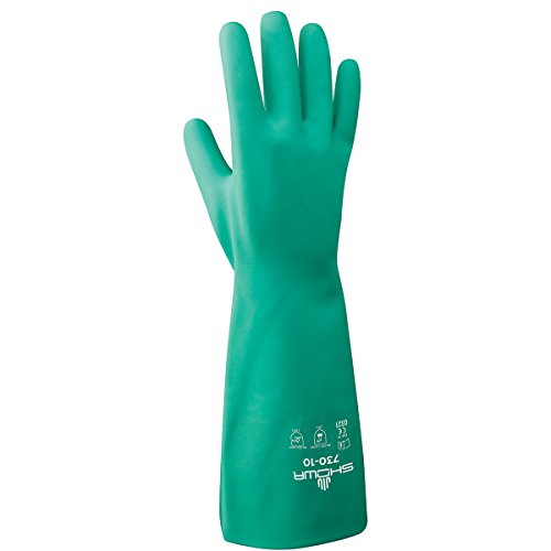 SHOWA 730 Chemical Resistant Gloves, 15-mil Nitrile with Cotton Flock Liner, 13-inch Extended Gauntlet, Bisque Grip, CE Cat III & Food Safe, Green, Medium, 12-Pack - size: Medium, style: 12-pack