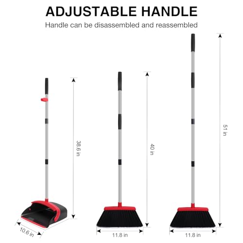 NACENA Broom and Dustpan Set, 52-in Long Adjustable Handle Broom Dustpan Combo with Dustpan Teeth to Automatically Clean Hair Suitable for Home Kitchen Office Hall Floor (Black&Red), 2 Pack