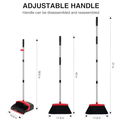 NACENA Broom and Dustpan Set, 52-in Long Adjustable Handle Broom Dustpan Combo with Dustpan Teeth to Automatically Clean Hair Suitable for Home Kitchen Office Hall Floor (Black&Red), 2 Pack