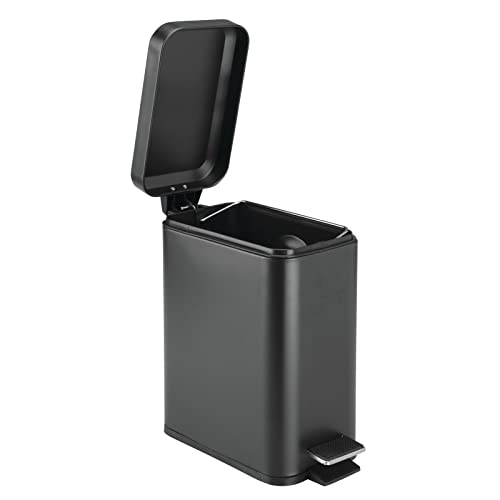 mDesign Small Modern 1.3 Gallon Rectangle Metal Lidded Step Trash Can, Compact Garbage Bin with Removable Liner Bucket and Handle for Bathroom, Kitchen, Craft Room, Office, Garage - Black - color: Black, size: 1.3 Gallon