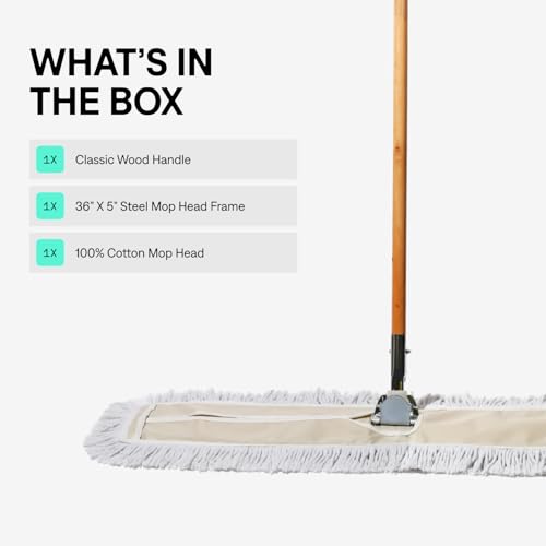 Commercial Dust Mop & Floor Sweeper, 36 in. Dust Mop for Hardwood Floors, Cotton Mop Head, Wooden Broom Handle, Industrial Dry Mop for Floor Cleaning & Janitorial Supplies - size: 36x5 Inch (Pack of 1)